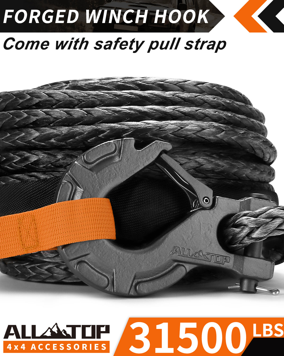 Synthetic Winch Cable w/ Forged Winch Hook - 9/16in x 76ft - 35000LBS