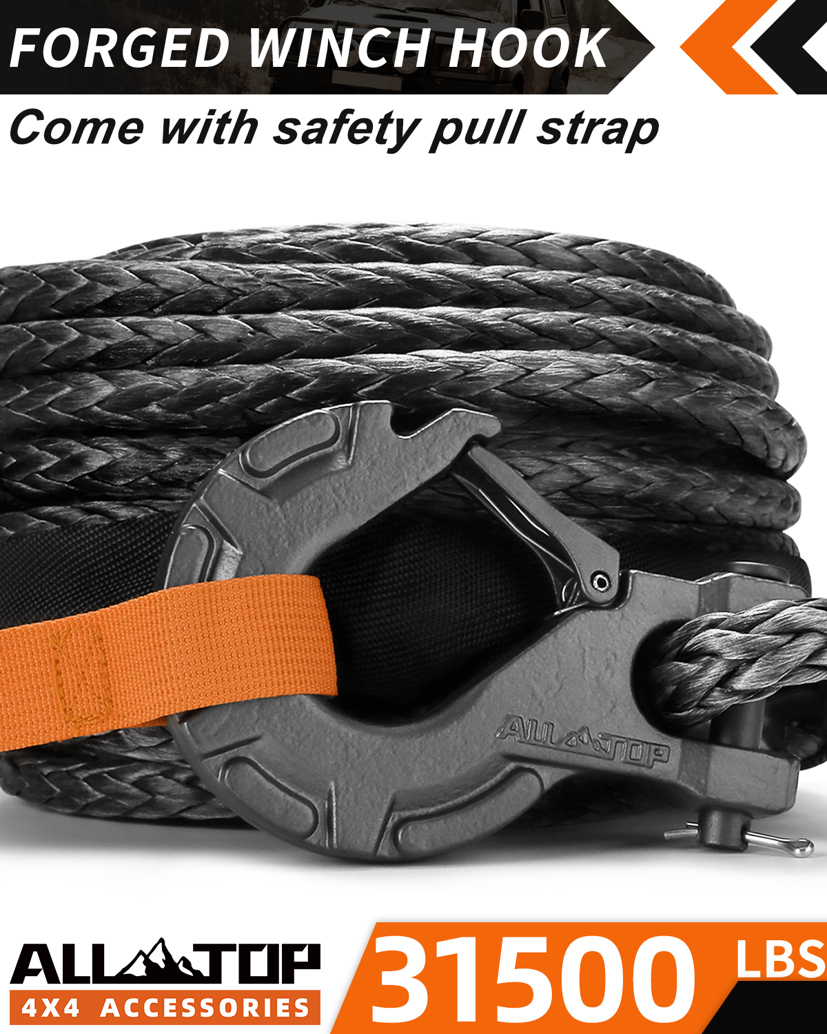 Synthetic Winch Cable w/ Forged Winch Hook - 9/16in x 76ft - 35000LBS