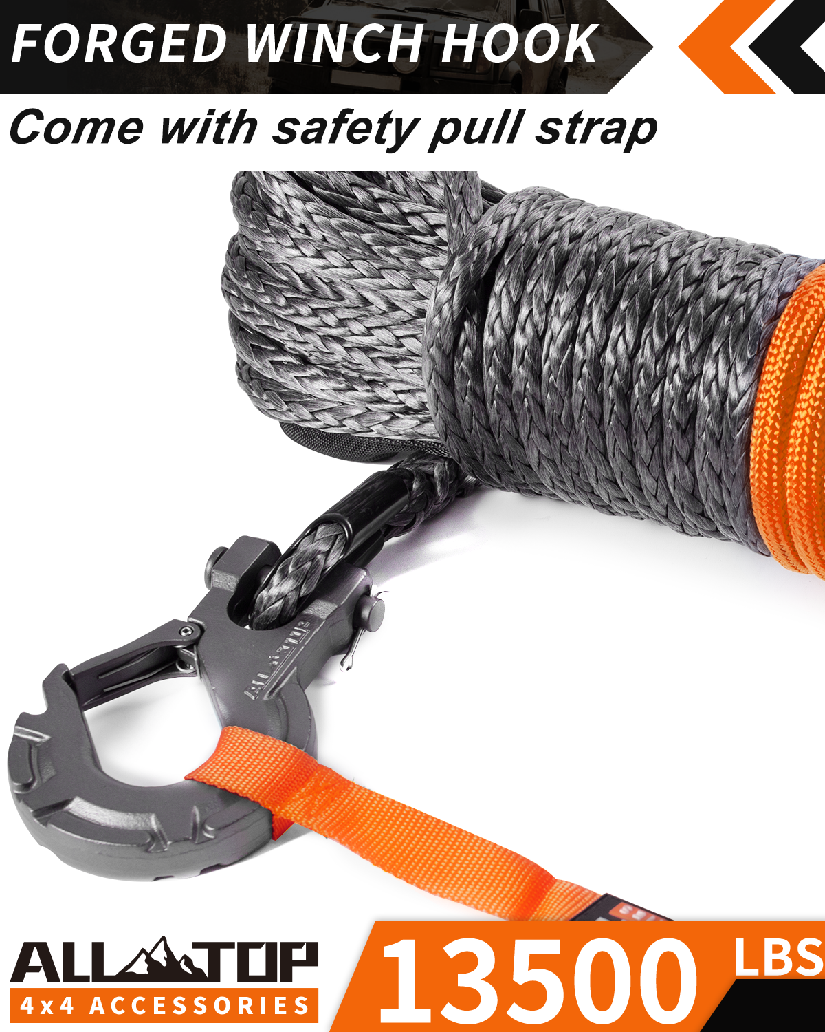 Synthetic Winch Cable w/ Forged Winch Hook - 3/16in x 50ft - 8350LBS