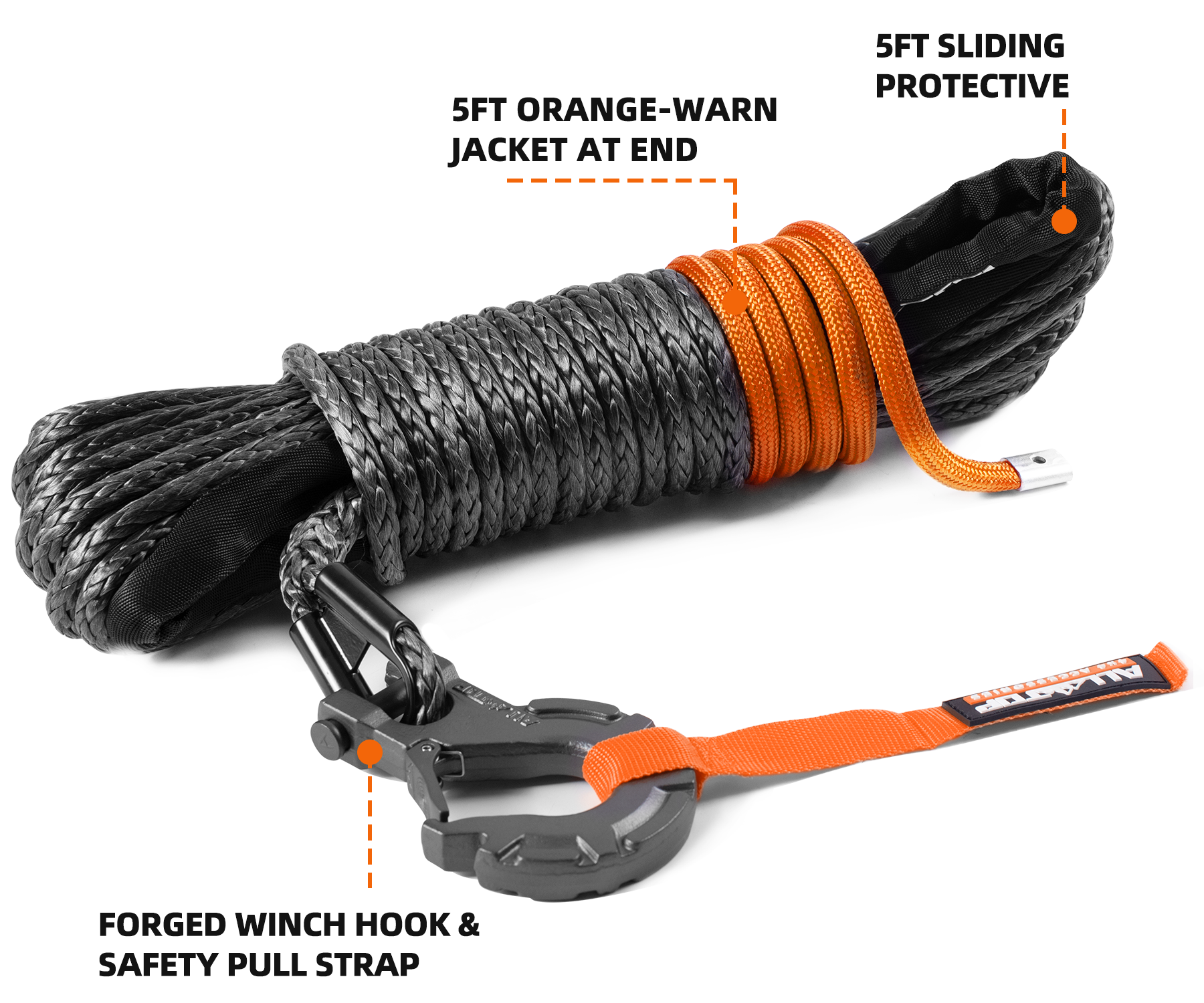 Synthetic Winch Cable w/ Forged Winch Hook - 3/16in x 50ft - 8350LBS