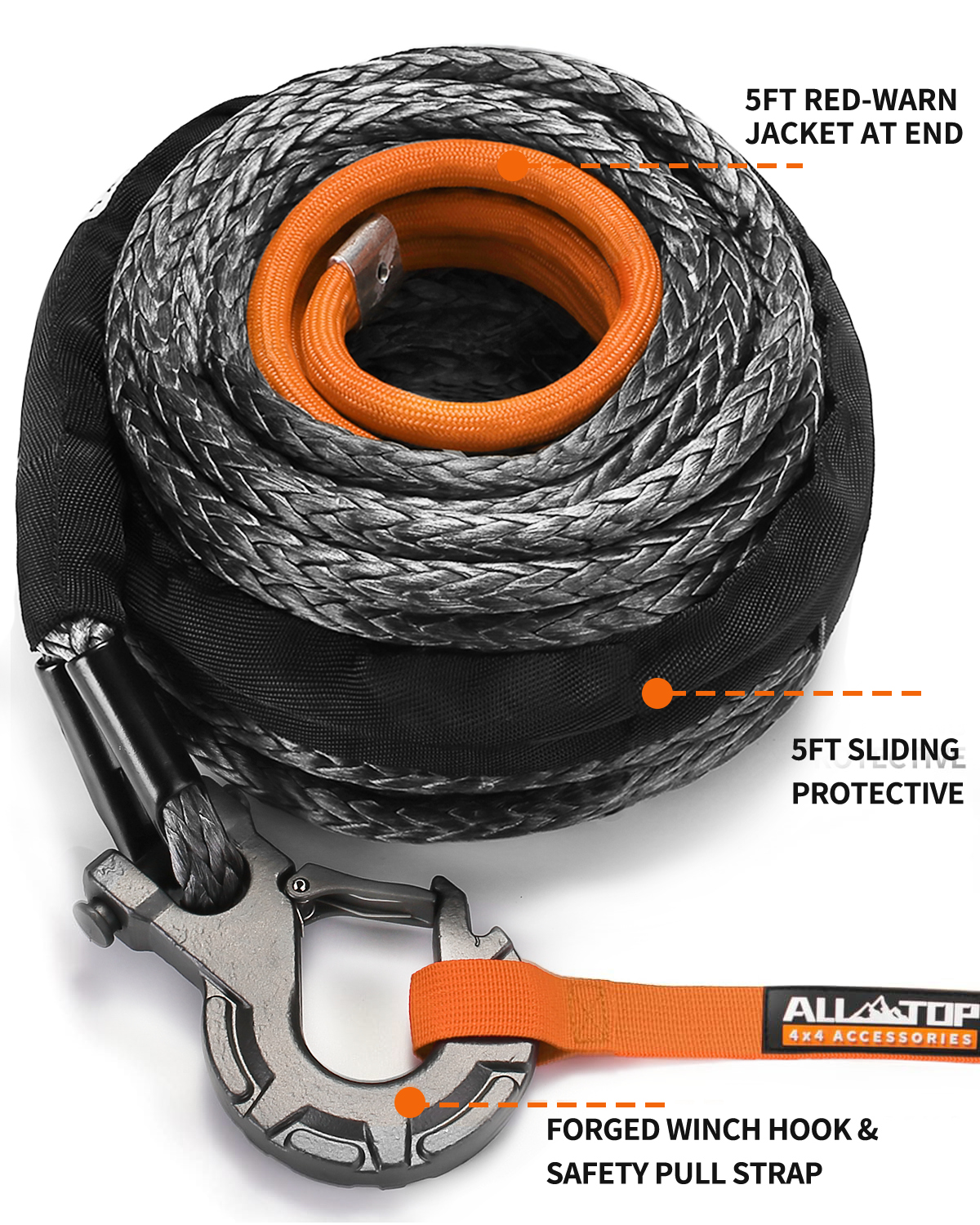 Synthetic Winch Cable w/ Forged Winch Hook - 1/2in x 92ft - 31500LBS