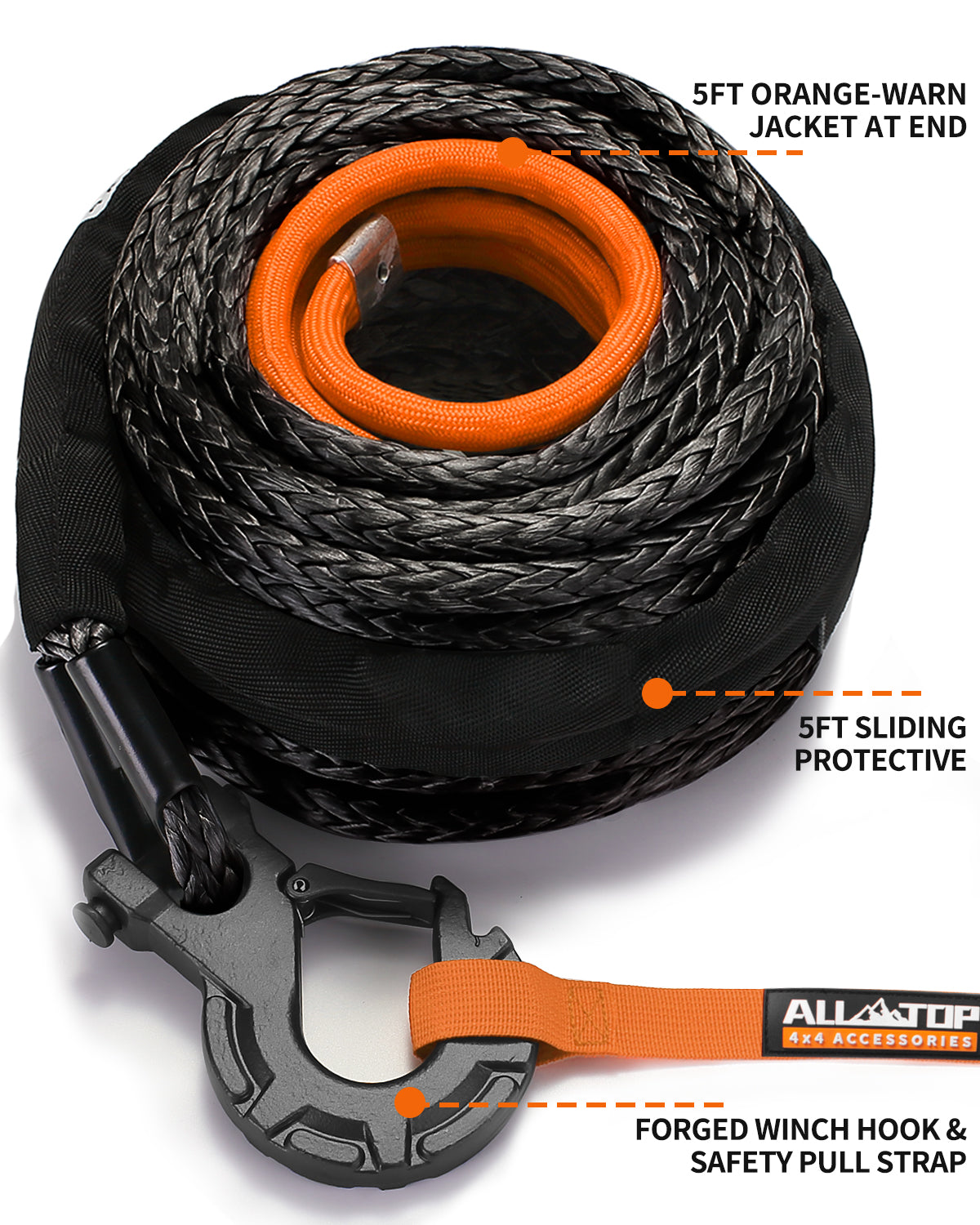 Synthetic Winch Cable w/ Forged Winch Hook - 9/16in x 76ft - 35000LBS