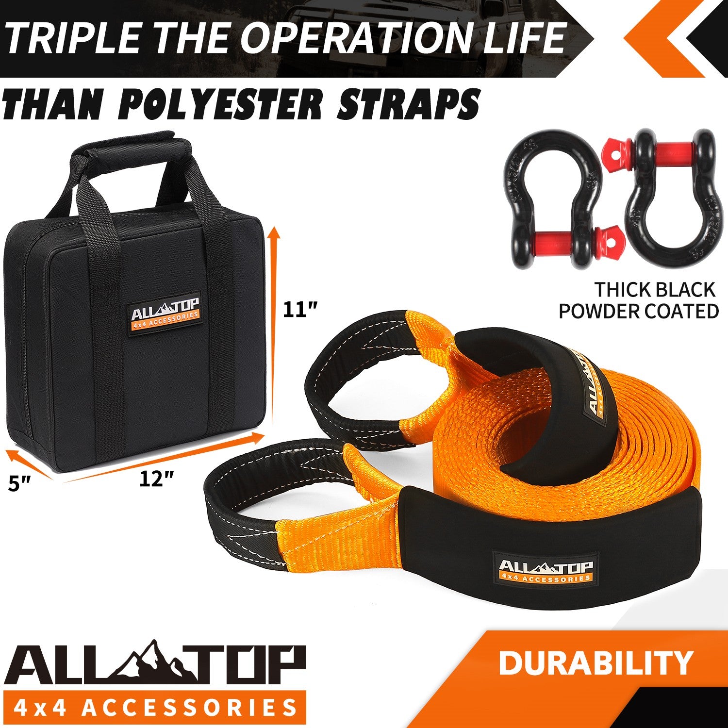 Recovery Strap Kit w/ Shackles: Strap 4in x 30ft - 46,500 Lbs