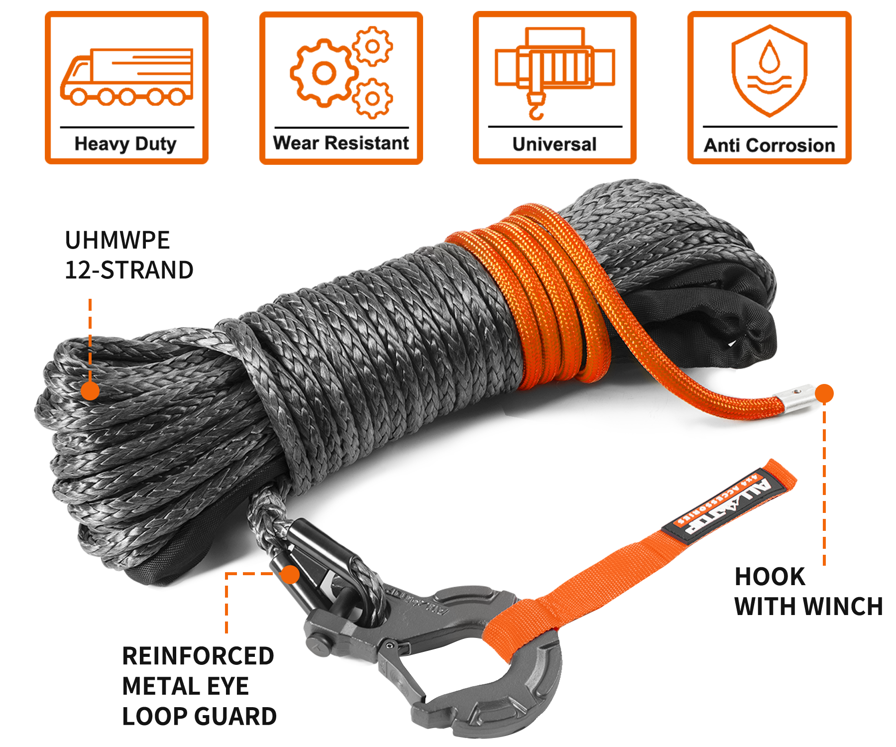 Synthetic Winch Cable w/ Forged Winch Hook - 3/16in x 50ft - 8350LBS