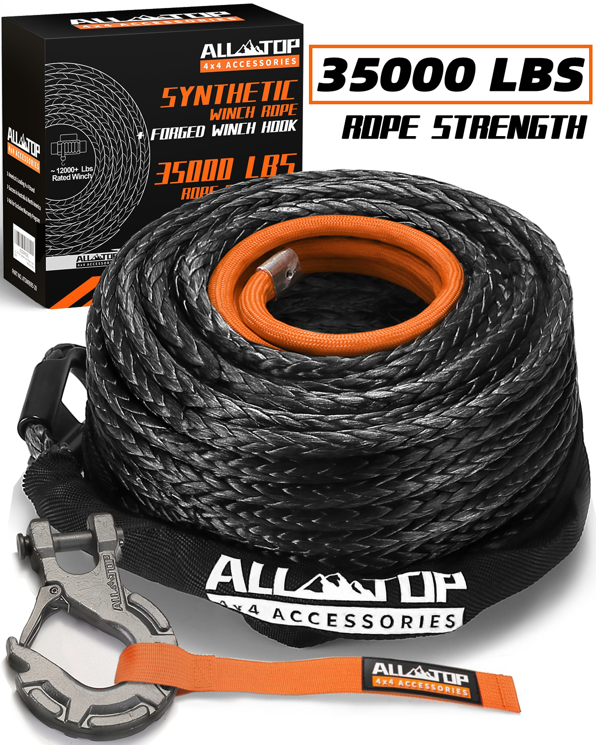 Synthetic Winch Cable w/ Forged Winch Hook - 9/16in x 76ft - 35000LBS