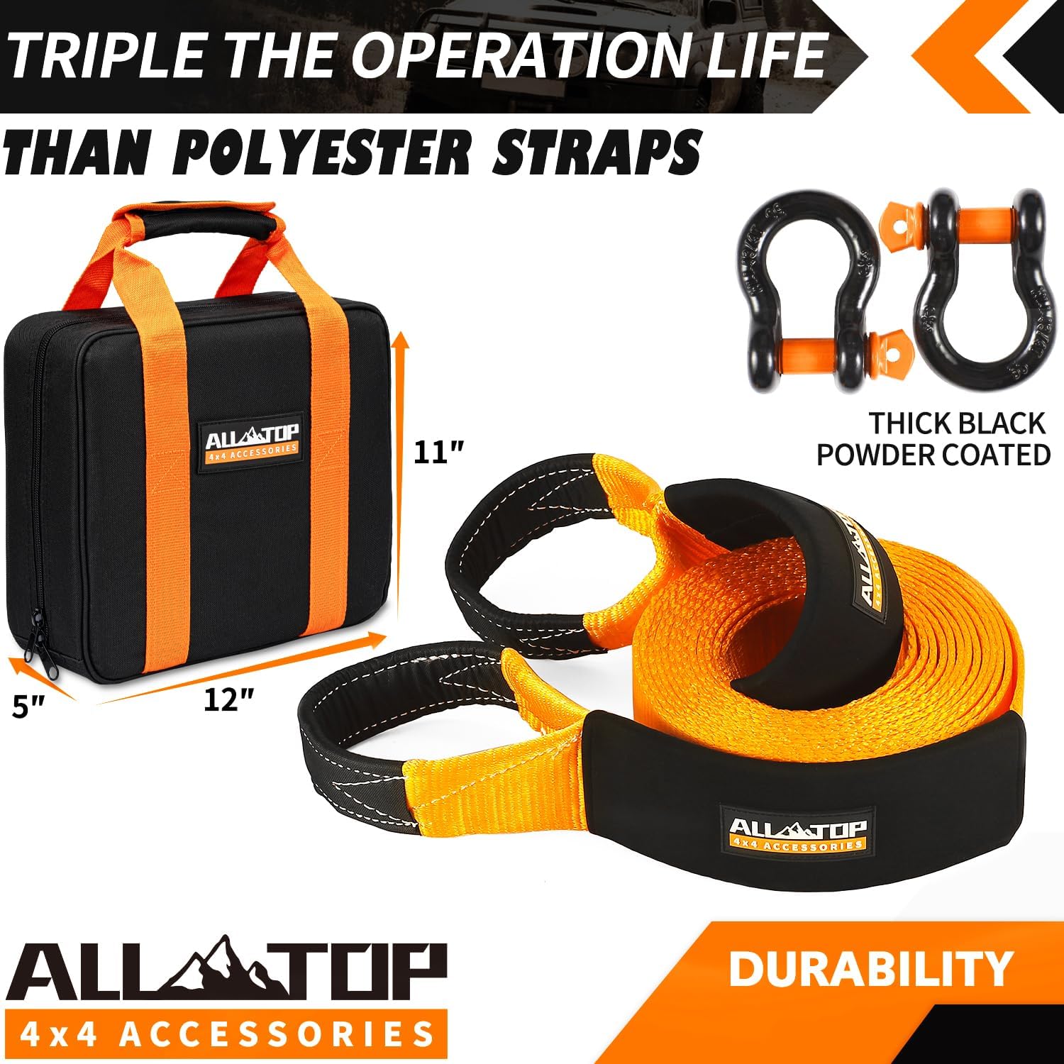 Recovery Strap Kit w/ Shackles: Strap 4in x 30ft - 46,500 Lbs