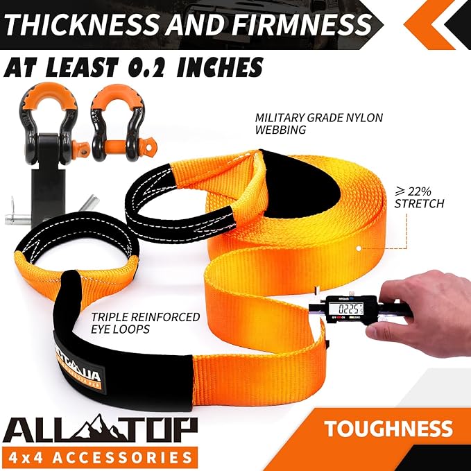 Recovery Strap Kit w/ Hitch Receiver & Shackles: Strap 3in x 20ft - 35,000 Lbs