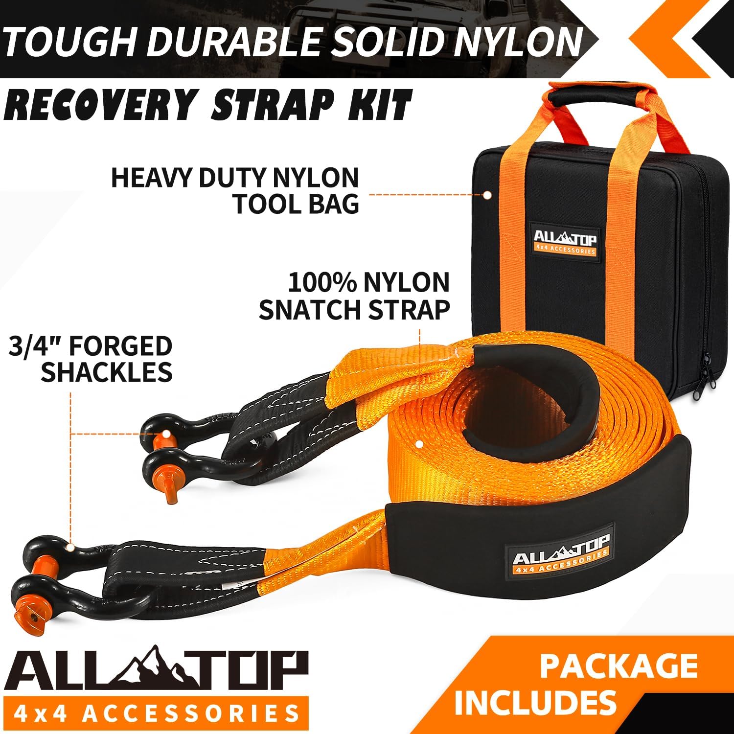 Recovery Strap Kit w/ Shackles: Strap 4in x 30ft - 46,500 Lbs