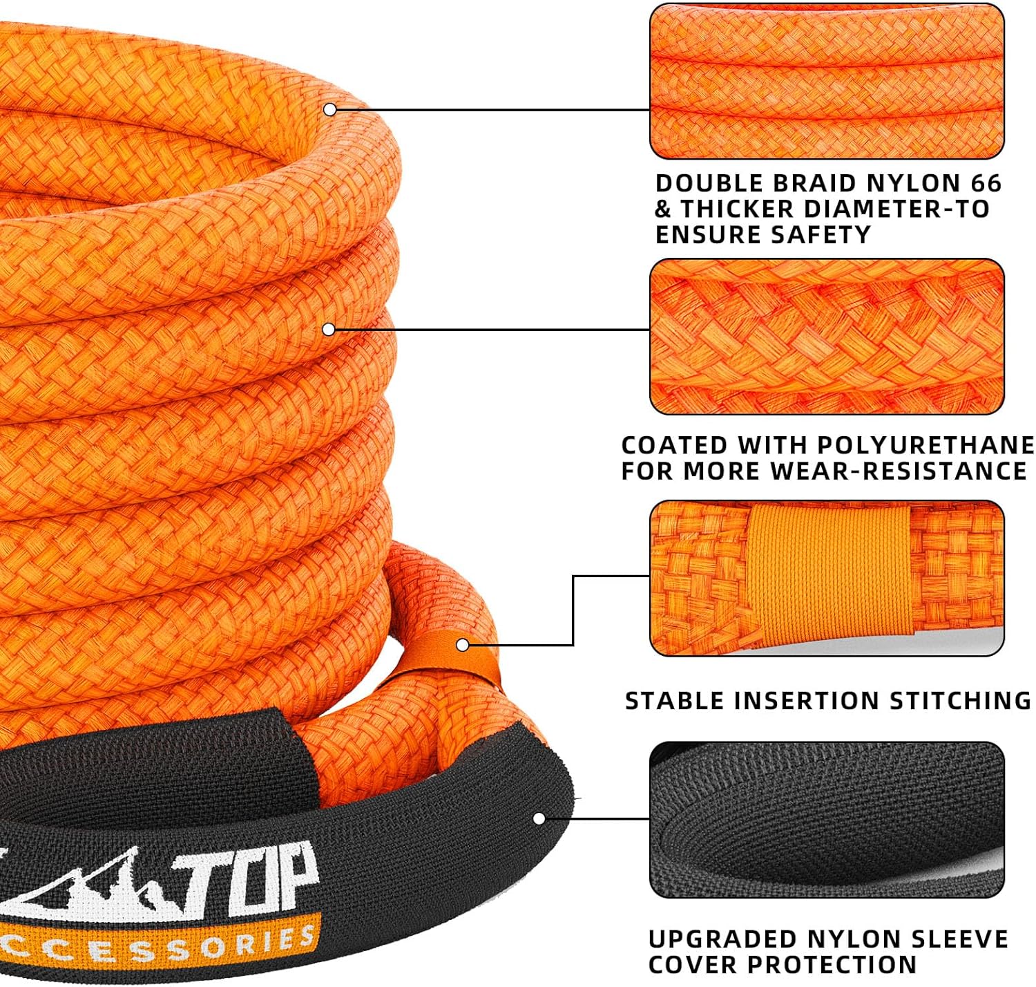 Kinetic Recovery Rope - 1in x 20ft - 48,000 Lbs - Orange w/ Shackles