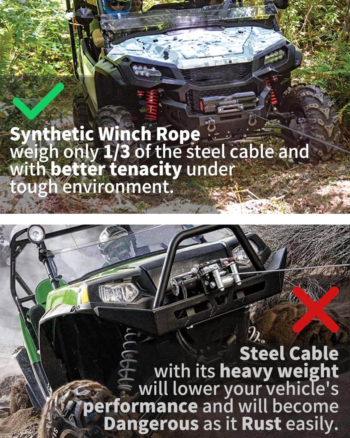 Synthetic Winch Cable w/ Forged Winch Hook - 1/4in x 50ft - 9,500 Lbs