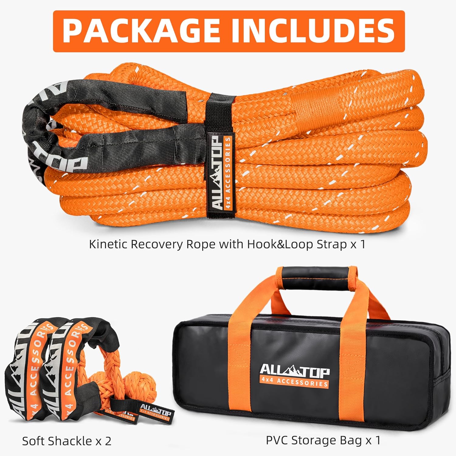 Kinetic Recovery Rope (Reflective) - 1in x 30ft - 48,000 Lbs - Orange  w/ Shackles