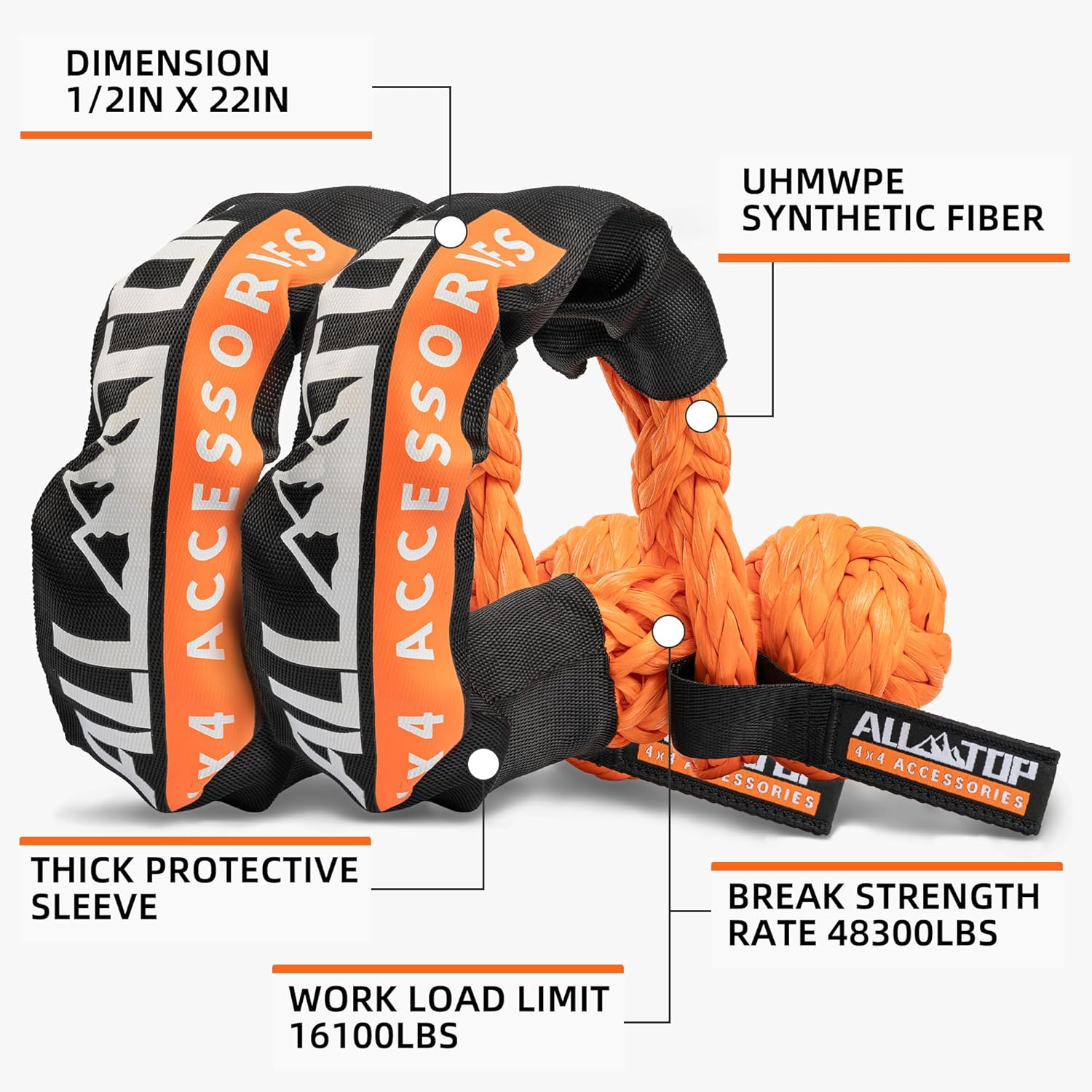 Kinetic Recovery Rope (Reflective) - 1in x 30ft - 48,000 Lbs - Orange  w/ Shackles