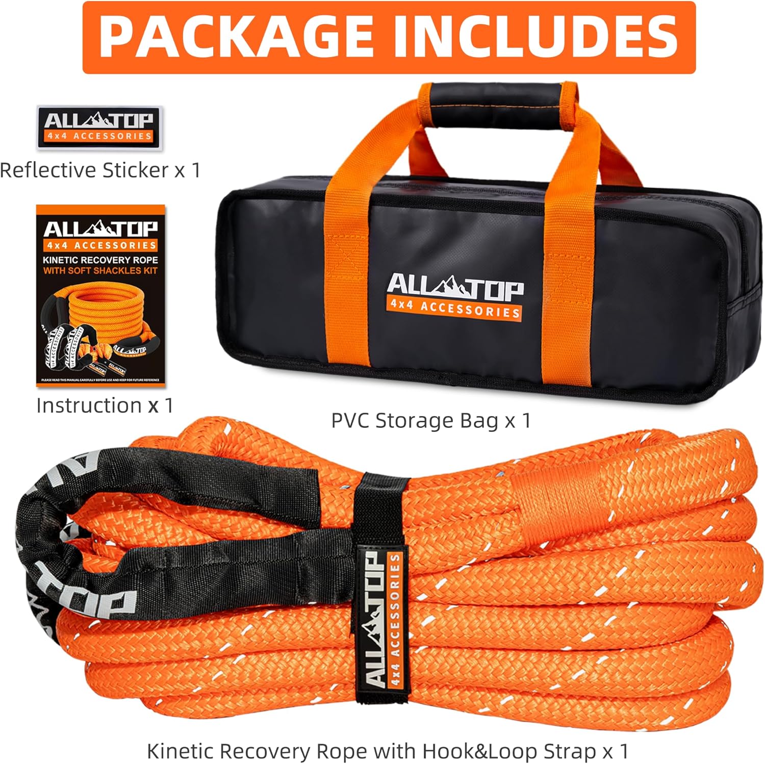 Kinetic Recovery Rope (Reflective) - 1in x 30ft - 48,000 Lbs - Orange