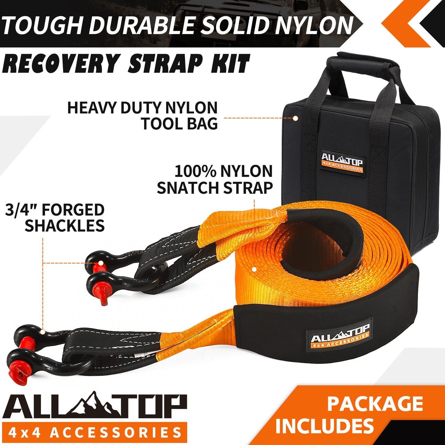 Recovery Strap Kit w/ Shackles: Strap 4in x 30ft - 46,500 Lbs