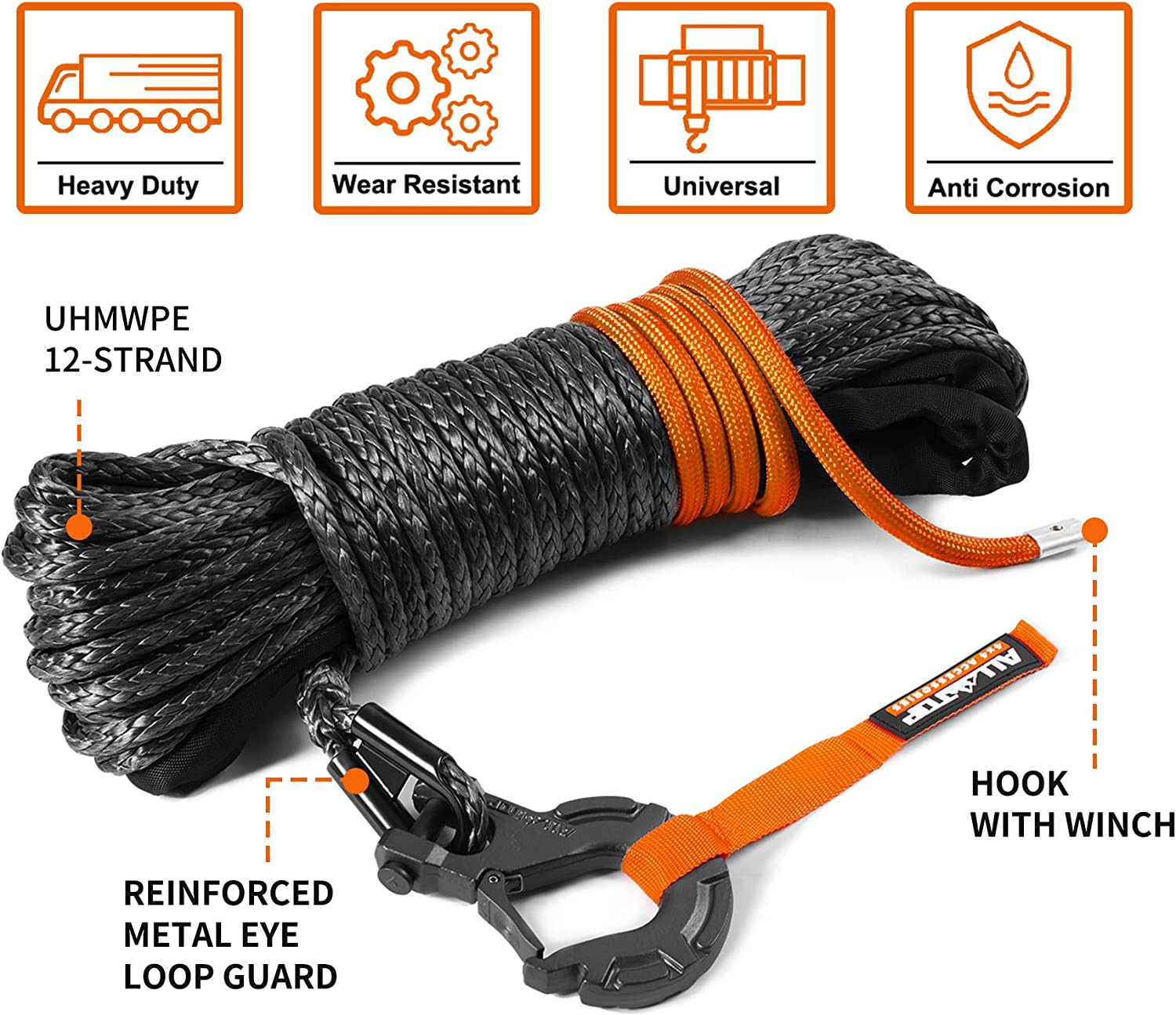 1/4 x 50' Synthetic Winch Cable Rope W/Hook + Rubber Stopper + Winch  Fairlead